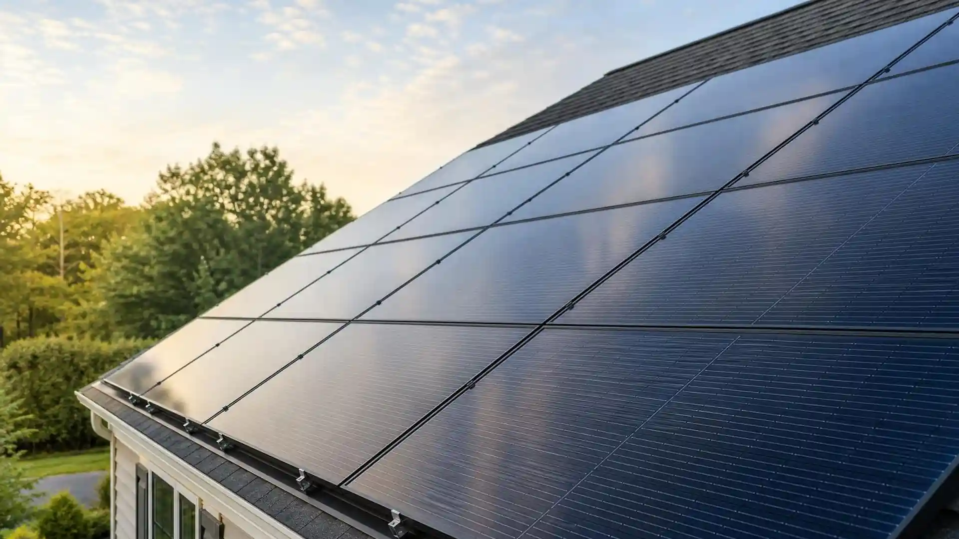 Close-up view of rooftop solar panels on a residential home in Waterbury, Connecticut