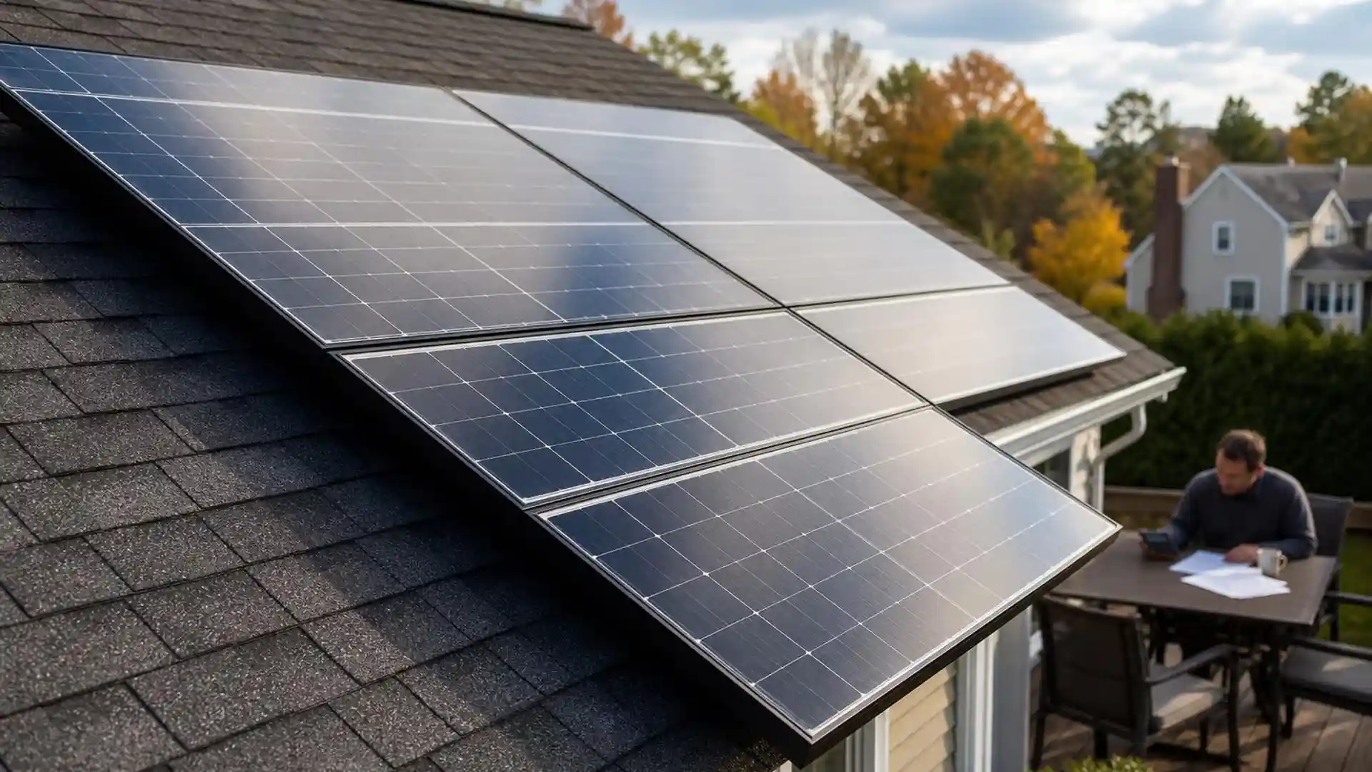 Residential solar panels in sharp focus with a homeowner reviewing paperwork softly blurred in the background