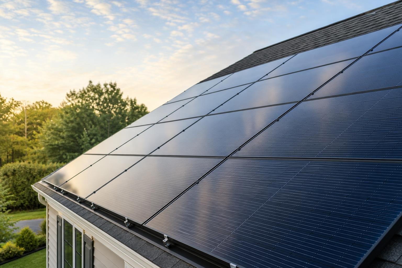 Close-up view of rooftop solar panels on a residential home in a sunny suburban setting