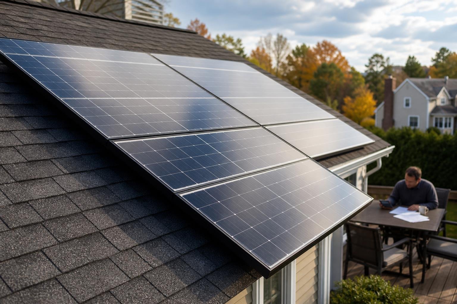 Residential solar panels in sharp focus with a homeowner reviewing paperwork softly blurred in the background